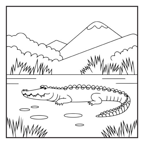 Large crocodile basking by river with mountains