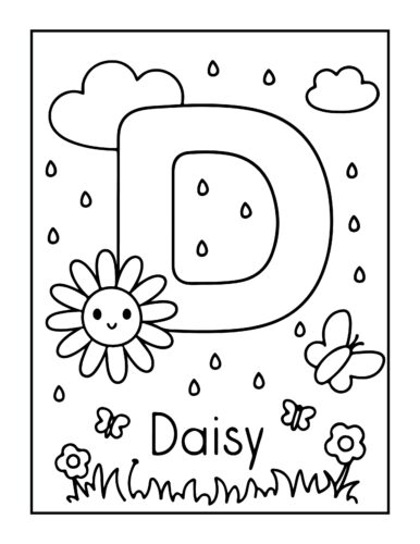 Letter D with daisy flower and butterflies