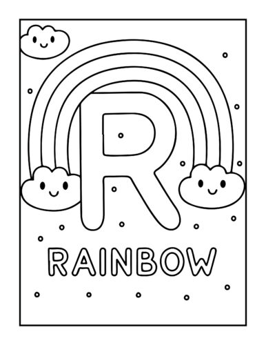 Letter R with rainbow and happy clouds
