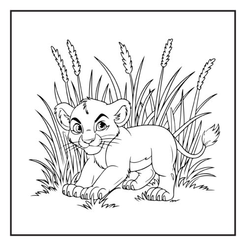 Lion cub crouching in savanna grass