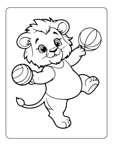 Lion cub juggling or balancing two basketballs