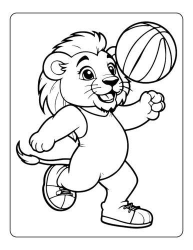 Lion cub playing with basketball wearing sneakers