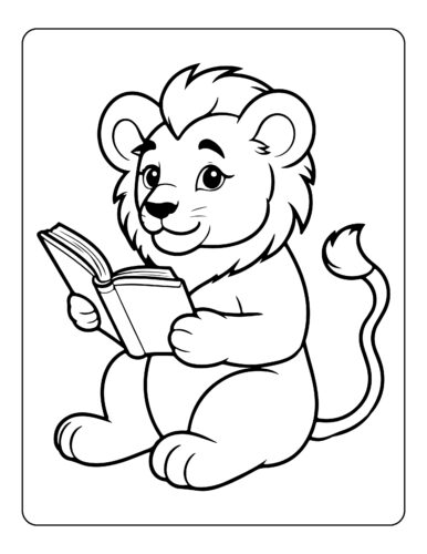 Lion cub sitting quietly reading an open book