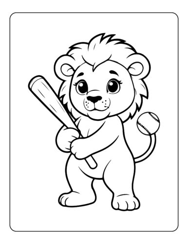 Little lion cub playing baseball with bat and ball