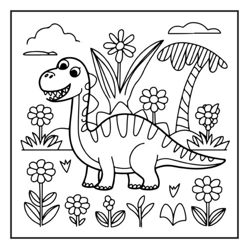 Long necked dinosaur amid flowers in springtime meadow