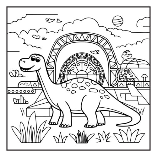 Long necked dinosaur beside futuristic dome structure in landscape
