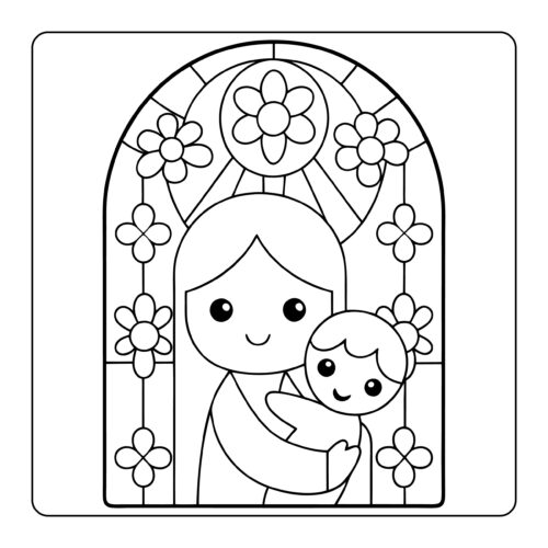 Madonna and child in stained glass window style with flowers