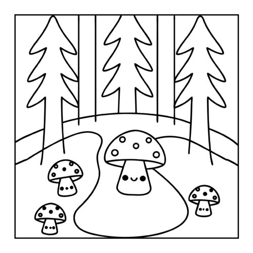 Minimalist forest scene with smiling mushrooms
