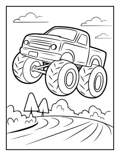 Monster truck jumping mid air over ramps