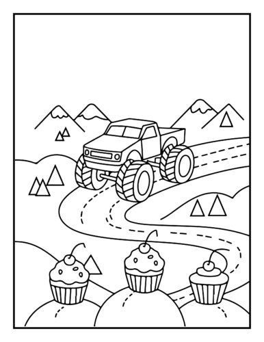 Monster truck on whimsical cupcake mountain landscape