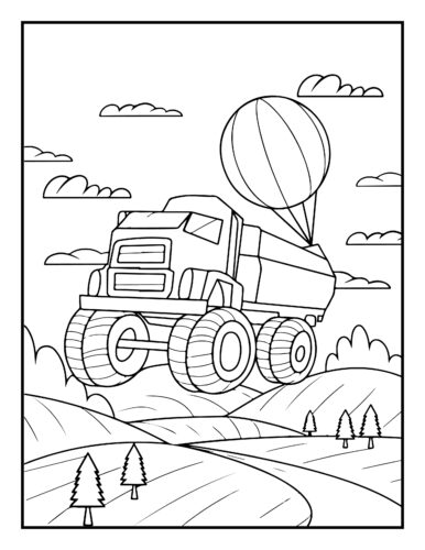 Monster truck with hot air balloon over rolling hills