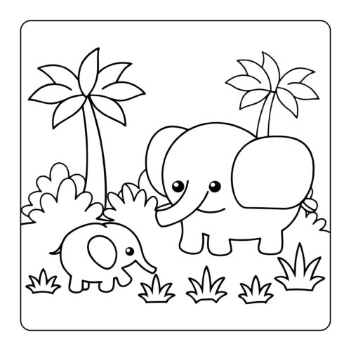Mother and baby elephant with palm trees in jungle setting