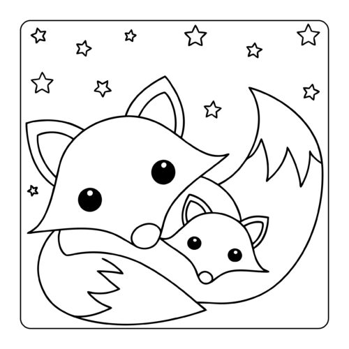 Mother and baby fox under starry night sky