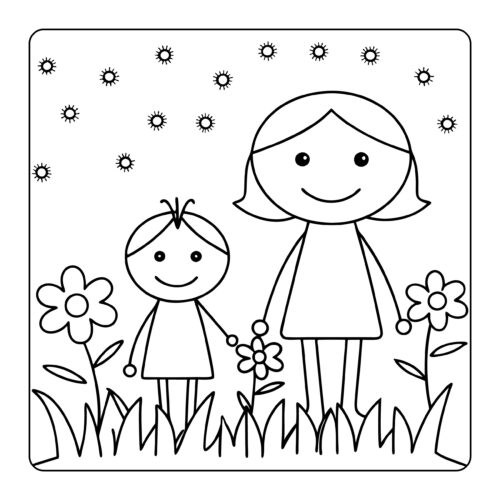 Mother and child in garden with flowers and sunshine