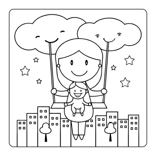 Mother and child on swing against city skyline background