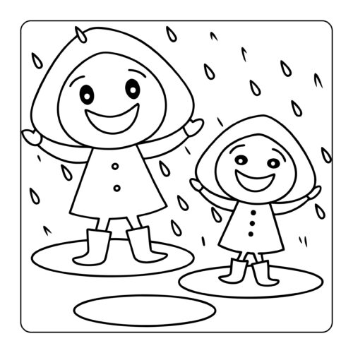 Mother and child playing in rain with raincoats