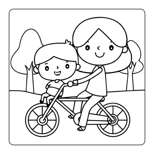 Mother and child riding bicycle together outdoors
