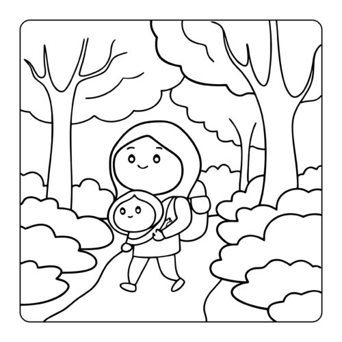 Mother and child walking in forest nature scene