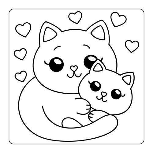 Mother cat cuddling kitten surrounded by heart decorations