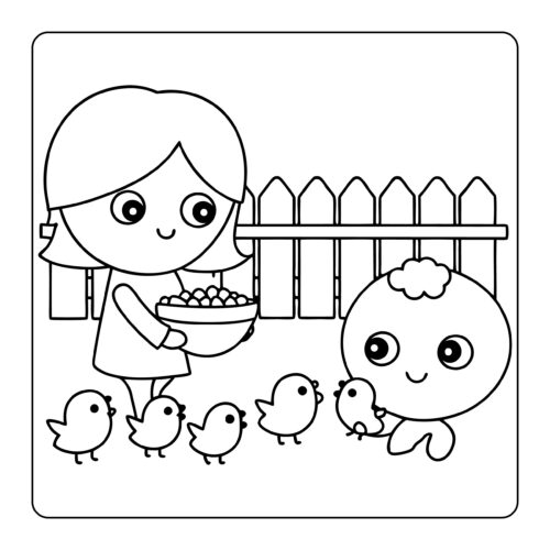 Mother feeding birds and baby chicks in garden