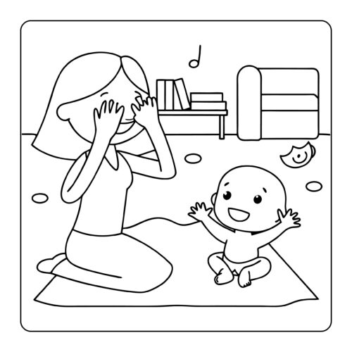 Mother playing peekaboo with happy baby on floor