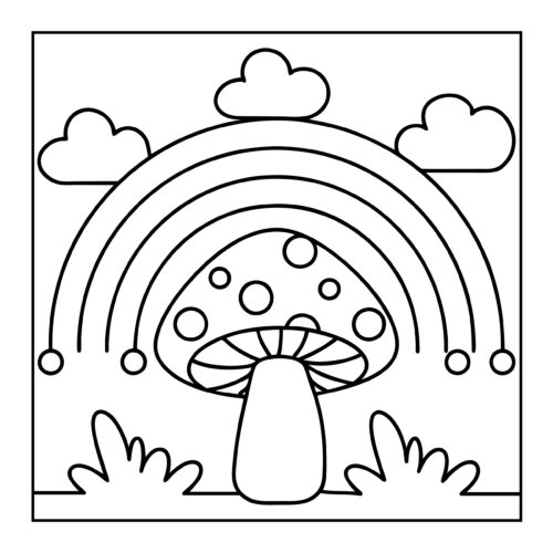 Mushroom beneath rainbow with fluffy clouds