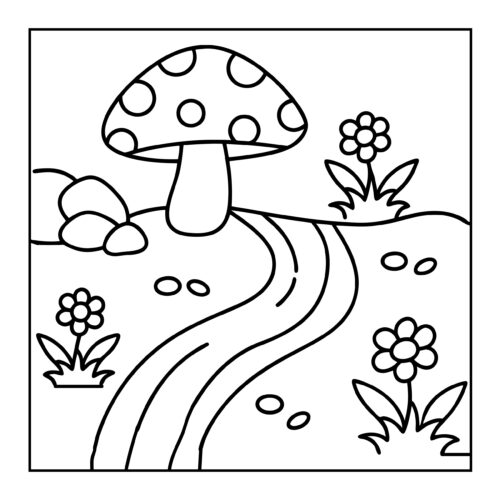 Mushroom by winding path with flowers