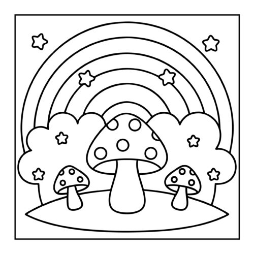 Mushroom family beneath rainbow with clouds