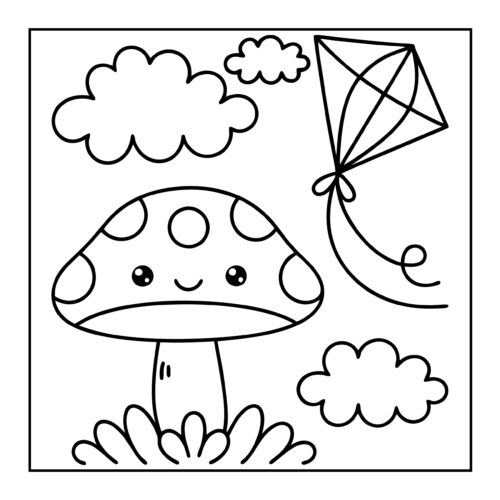Mushroom with kite in clouds on sunny day