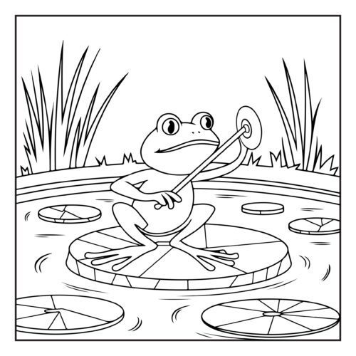 Musical frog playing banjo on lily pad