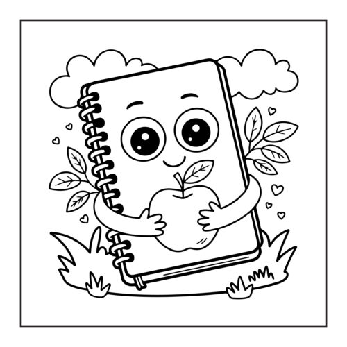 Notebook holding an apple with leaves