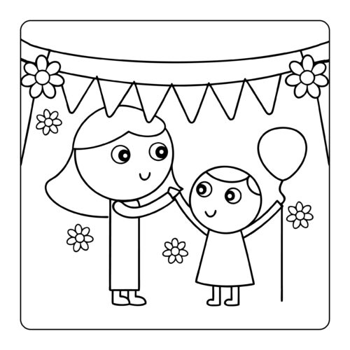Party scene with mother and child under flower decorations