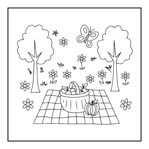 Picnic scene in garden with butterfly and flowers