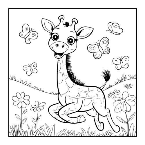 Playful baby giraffe with butterflies in meadow