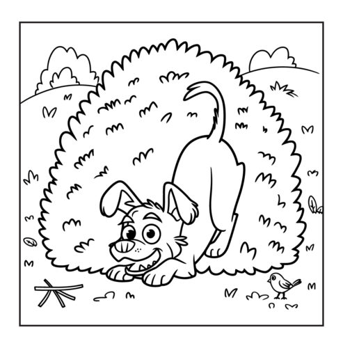 Playful dog in pouncing position next to small bird