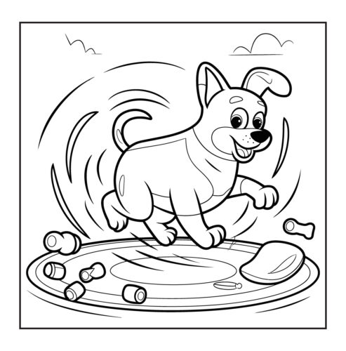 Playful puppy riding on circular toy or turntable with scattered objects nearby