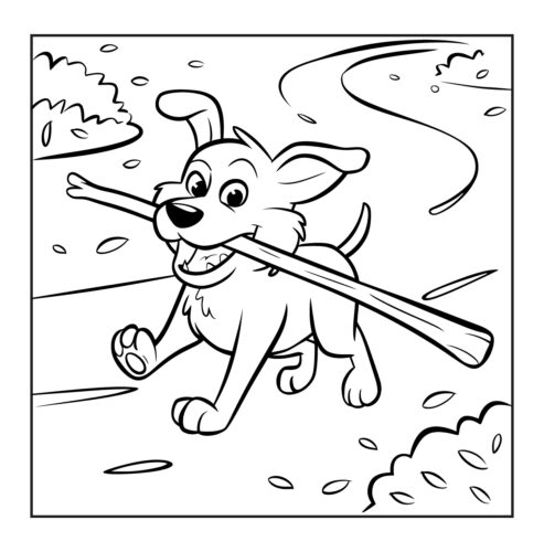 Puppy carrying stick or branch in mouth on outdoor path