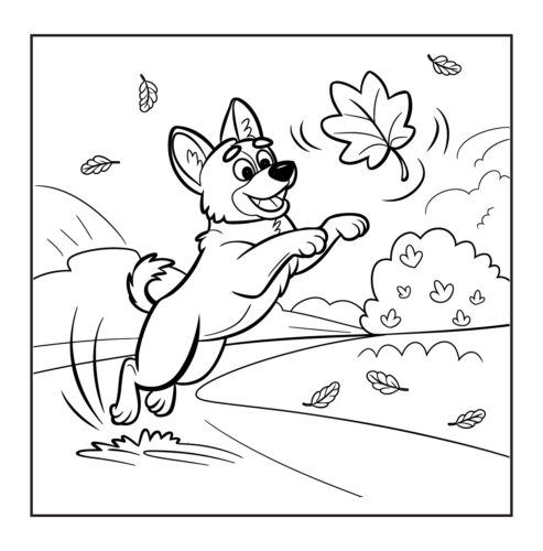 Puppy jumping to catch falling autumn leaves