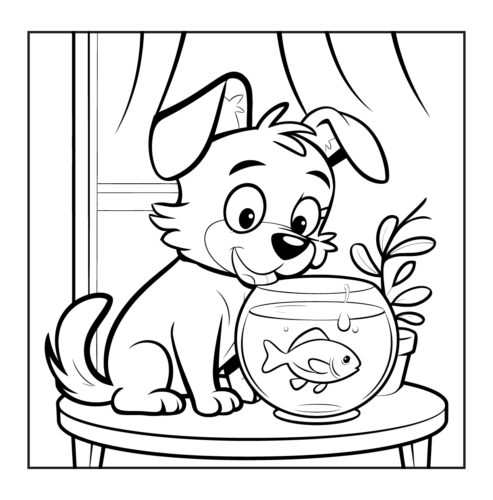 Puppy looking at fishbowl with fish swimming inside