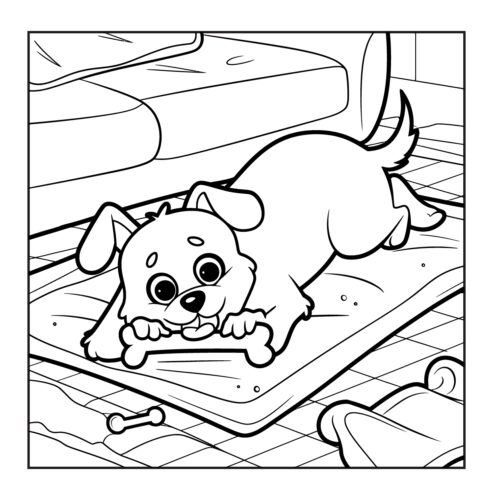 Puppy lying on dog bed with bone toy