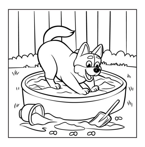 Puppy playing in a kiddie pool with toys scattered around
