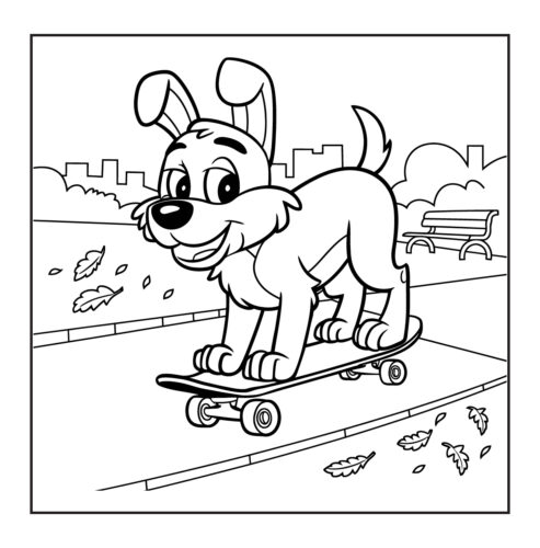 Puppy riding skateboard on sidewalk path in park with fallen leaves