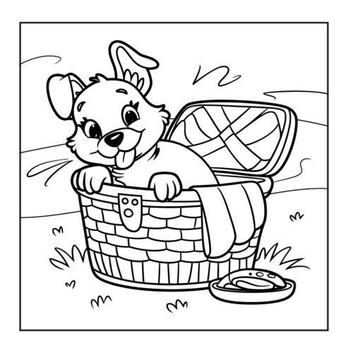 Puppy sitting happily in a picnic basket with blanket