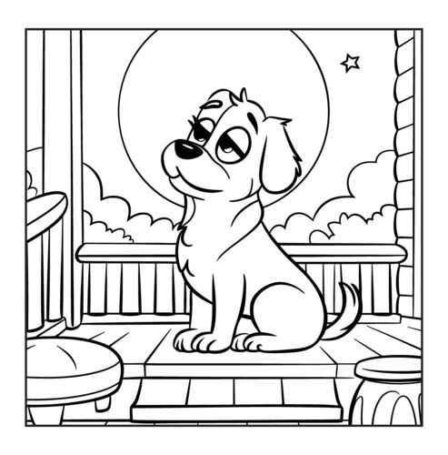 Puppy sitting on porch or doorstep with full moon in background