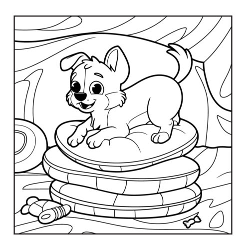 Puppy sitting on stack of cushions or dog beds