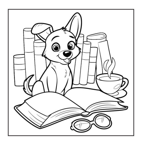 Puppy sitting with open book, glasses and coffee cup