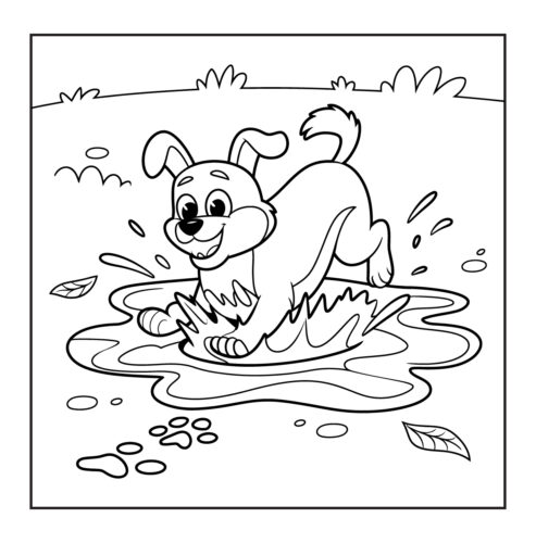 Puppy splashing in a puddle with leaf floating nearby