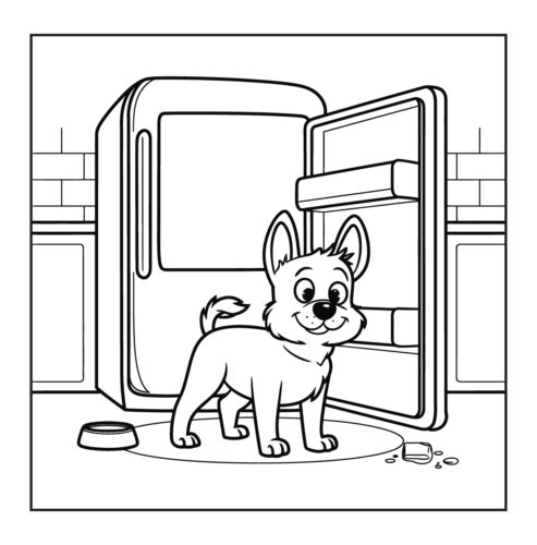 Puppy standing in front of open refrigerator looking inside