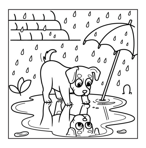 Puppy standing in rain puddle with umbrella above water