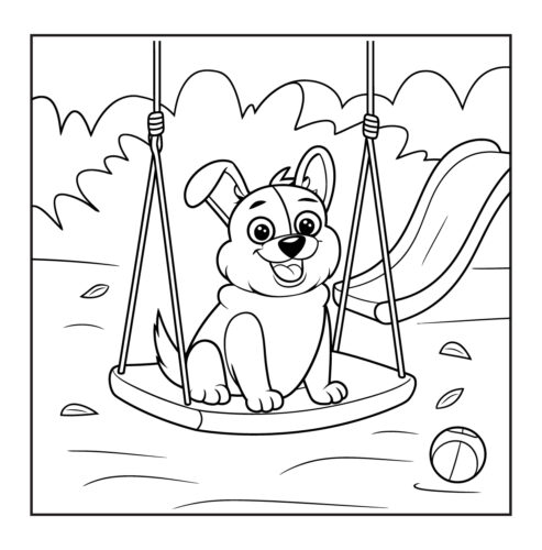 Puppy swinging on a playground swing with toys nearby